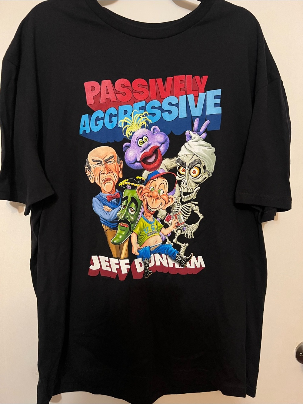 Dunham Black Tee with Colorful Puppet & Skeleton Cartoon Graphic